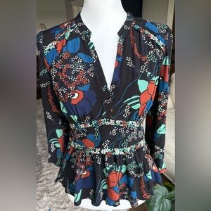 Ba&sh US 4 Designer Black Peplum Long Sleeve Floral Blouse Navy, Rust, Aqua